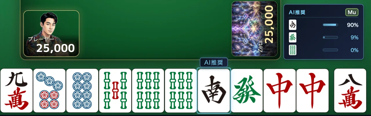対局画面のAI推奨。Muが南を切るよう推奨している(パネルは候補ごとの割合で、南が90%)